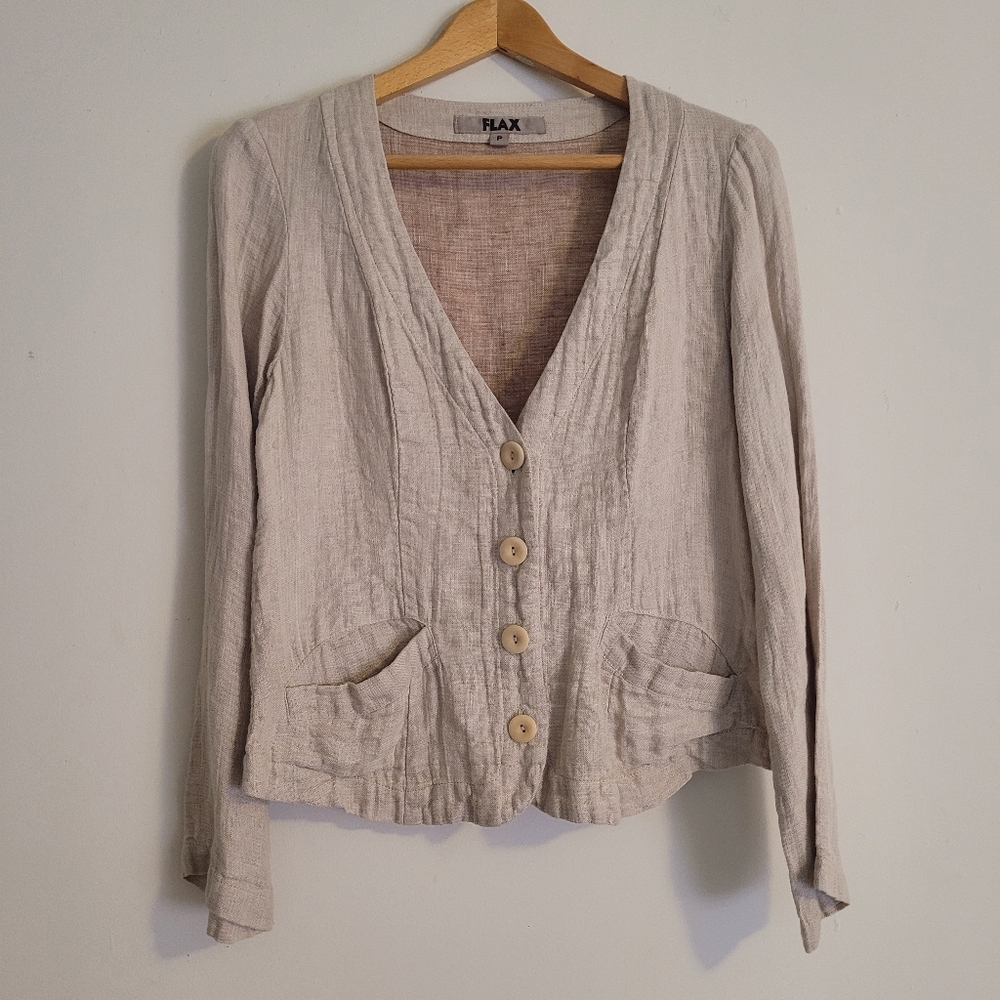Flax 100% Linen Beige Button-Up Cardigan Blazer Women's P